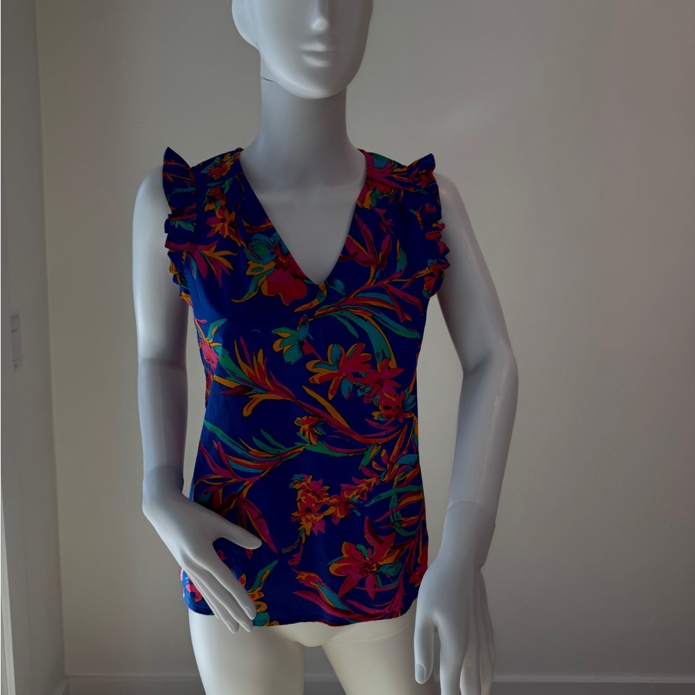 Floral V-Neck Ruffle Sleeve Top - Multicolor